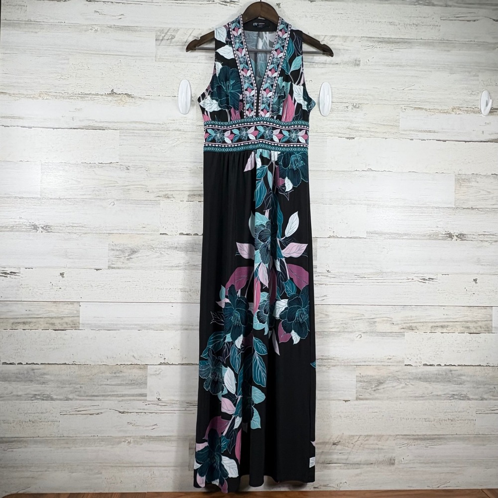 Maggy London Petite Black Teal Pink Floral V-Neck Sleeveless Maxi Dress 4P Boho